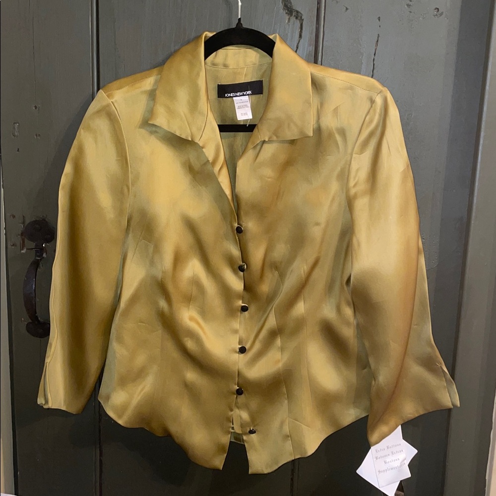 Jones New York Gold Satin Blouse Size 8